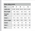 Karslund riding overall sizechart