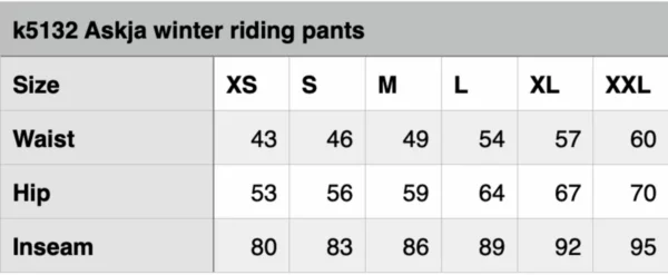 Karlslund_winter_pants_Askja_sizechart k5132-mc